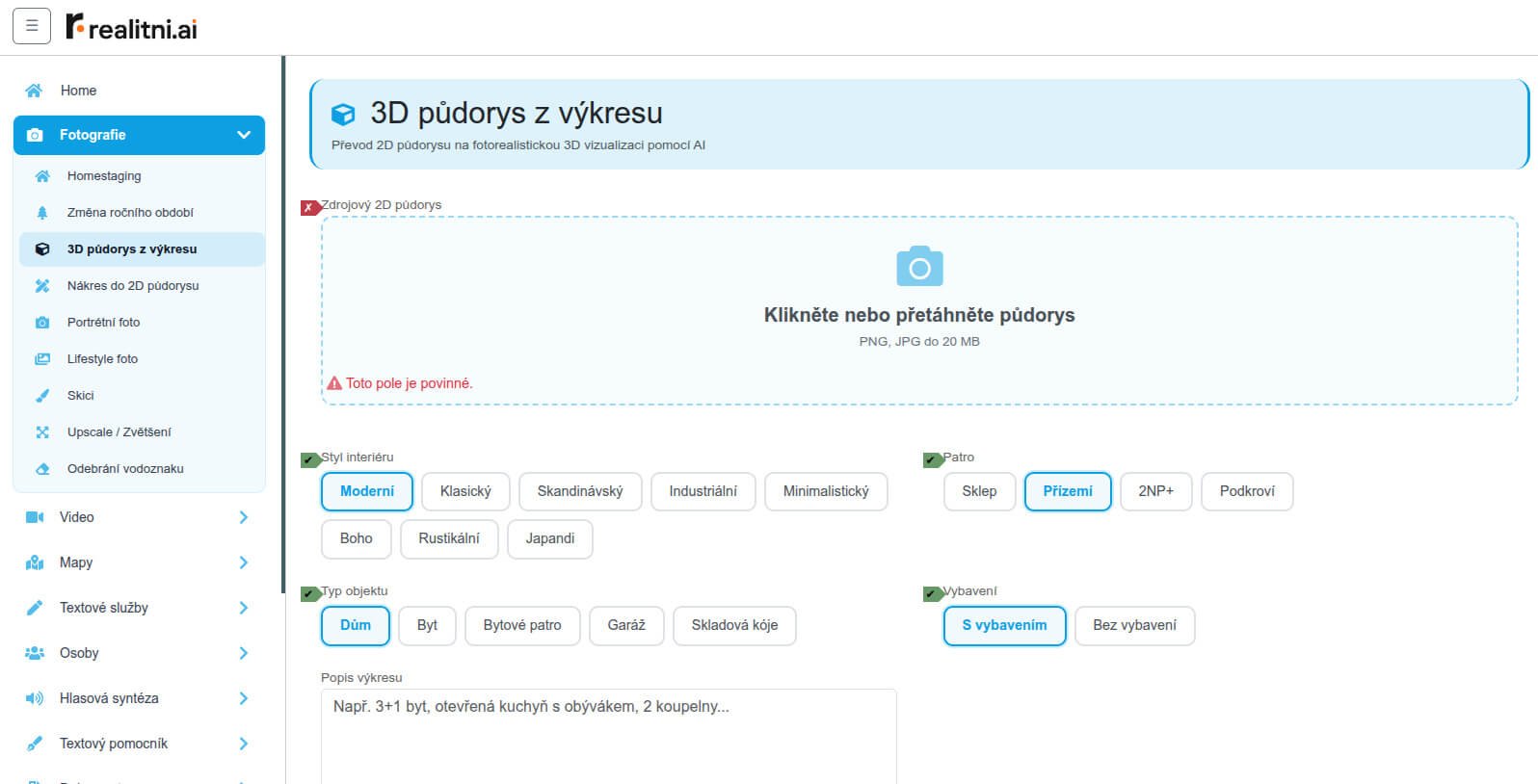 realitni.ai: portréty, 2D a 3D půdorysy